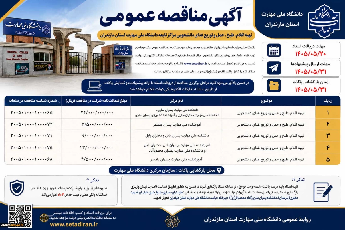 آگهی مناقصه عمومی تهیه اقلام، طبخ، حمل و توزیع غذای دانشجویی مراکز تابعه دانشگاه ملی مهارت استان مازندران